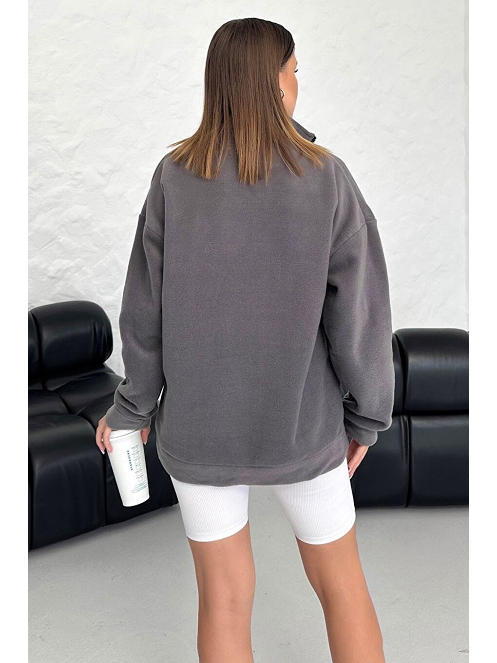 Gri Kadın Füme Rhythm Soft Baskılı Oversize Yarım Fermuarlı Yumuşak Dokulu Polar Polo Yaka Sweatshirt-5
