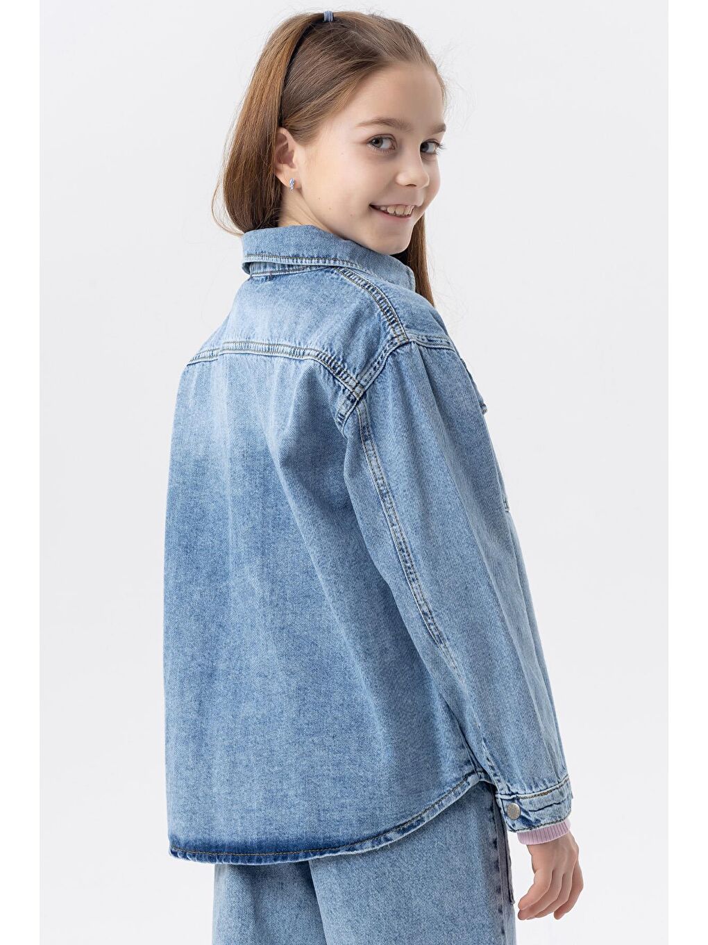 Kız Çocuk Jean Gömlek Ceket Cepli Çıtçıtlı Mavi (8-14 Yaş)-7
