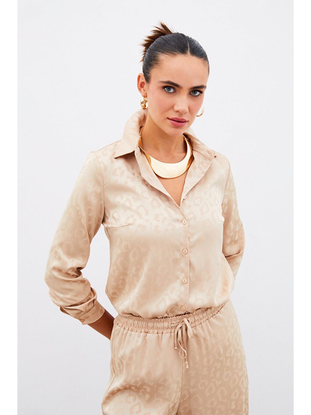 Kahverengi Desenli Saten Gömlek - Camel-1