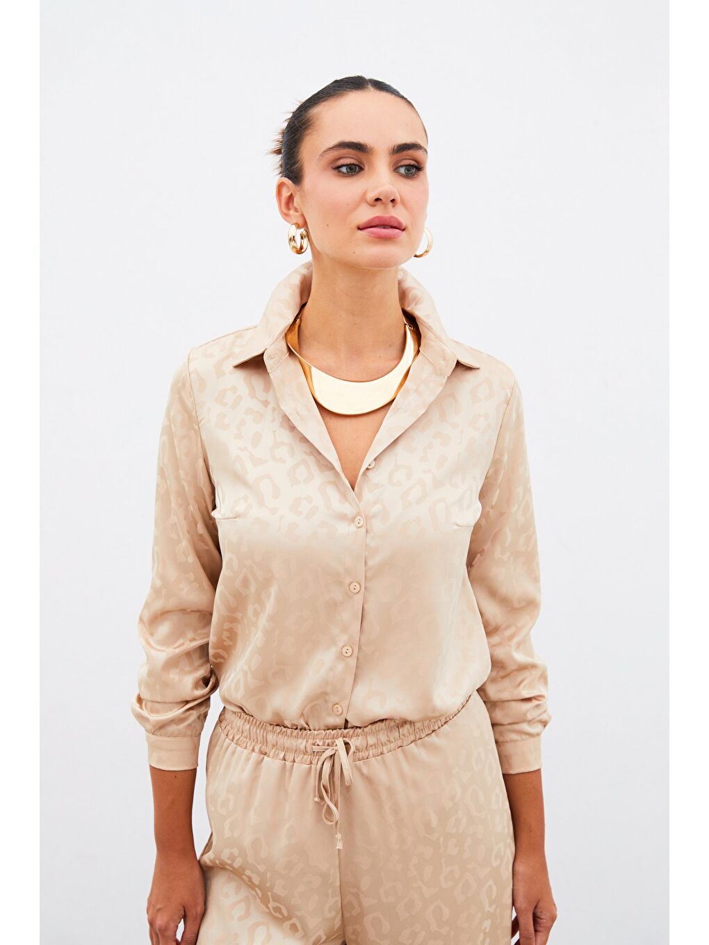 Kahverengi Desenli Saten Gömlek - Camel-2