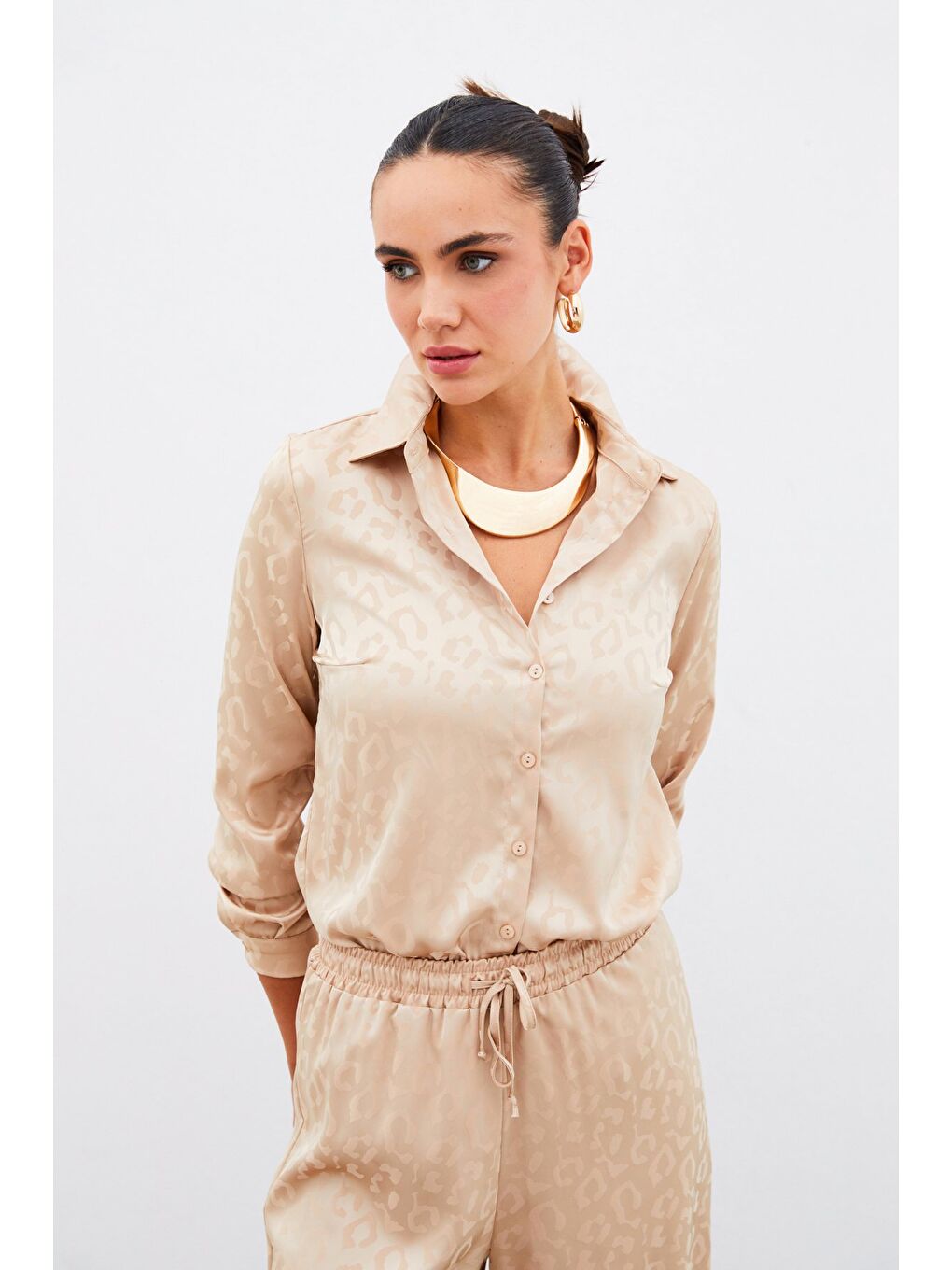 Kahverengi Desenli Saten Gömlek - Camel-3