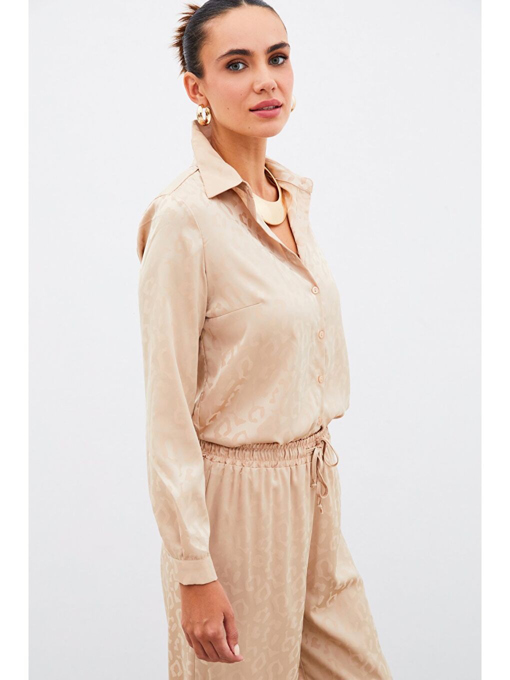 Kahverengi Desenli Saten Gömlek - Camel-4