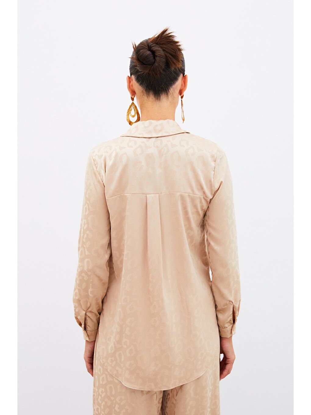 Kahverengi Desenli Saten Gömlek - Camel-6