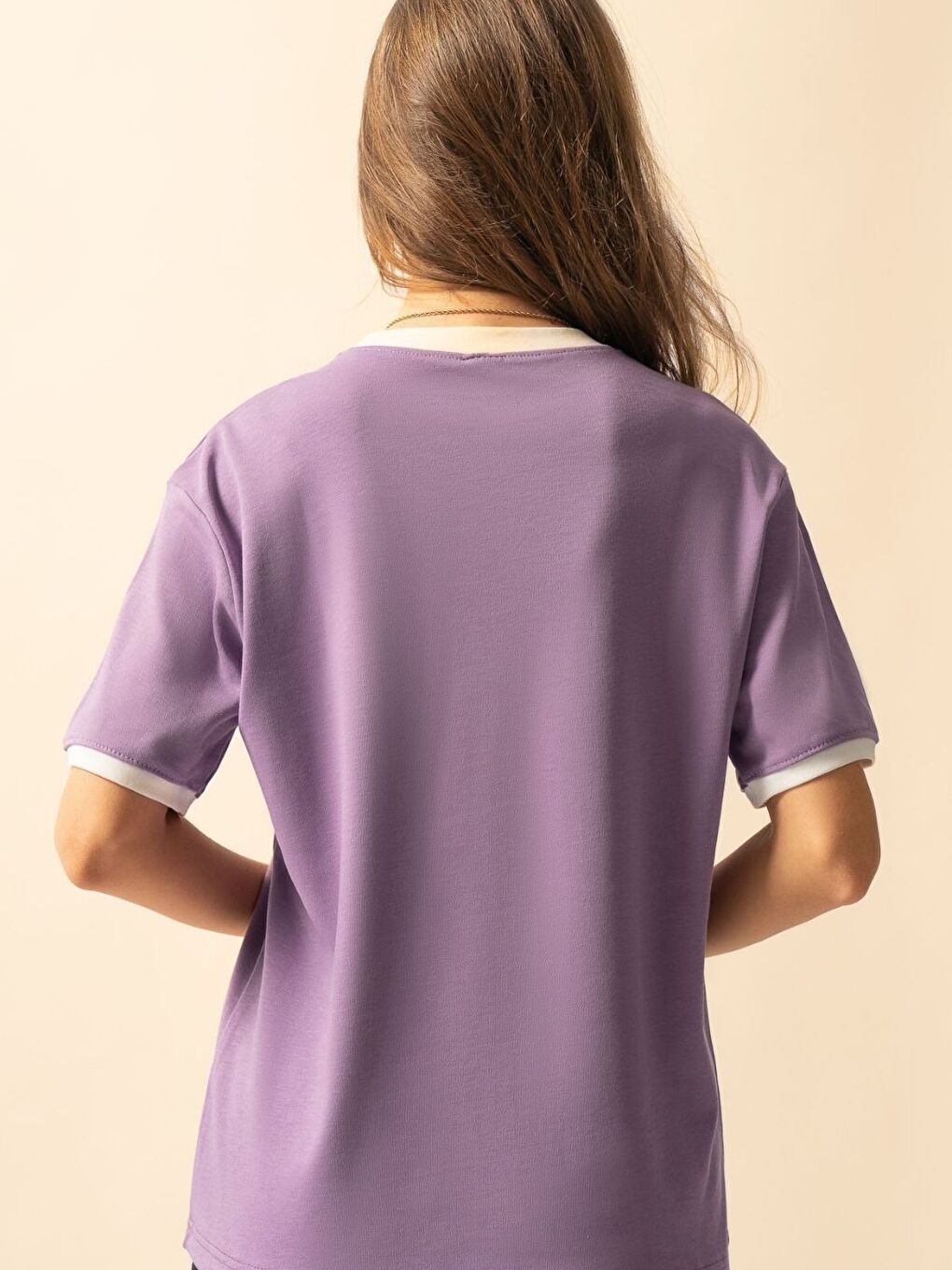 Kadın Lila Penye İnterlok Tişört-1
