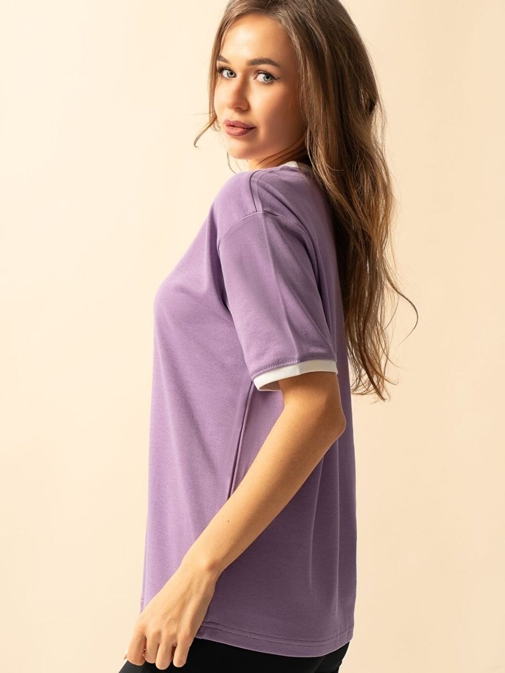 Kadın Lila Penye İnterlok Tişört-2