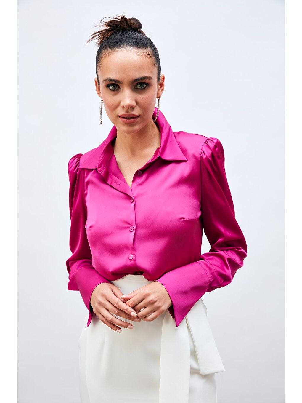 Vatkalı Saten Gömlek - Fuşya-1