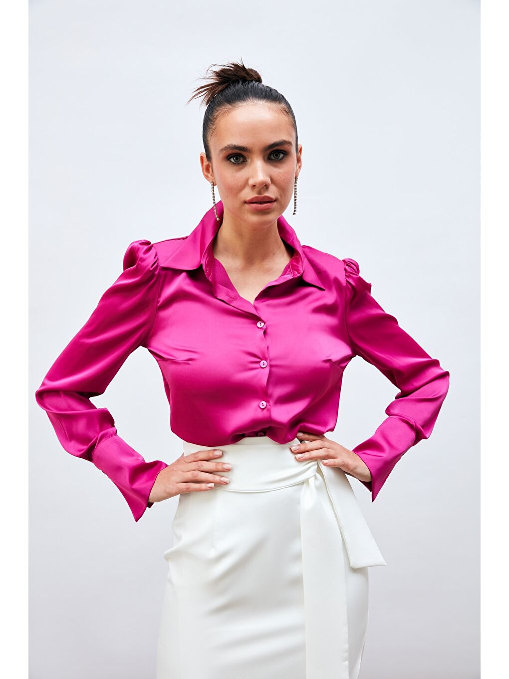 Vatkalı Saten Gömlek - Fuşya-2