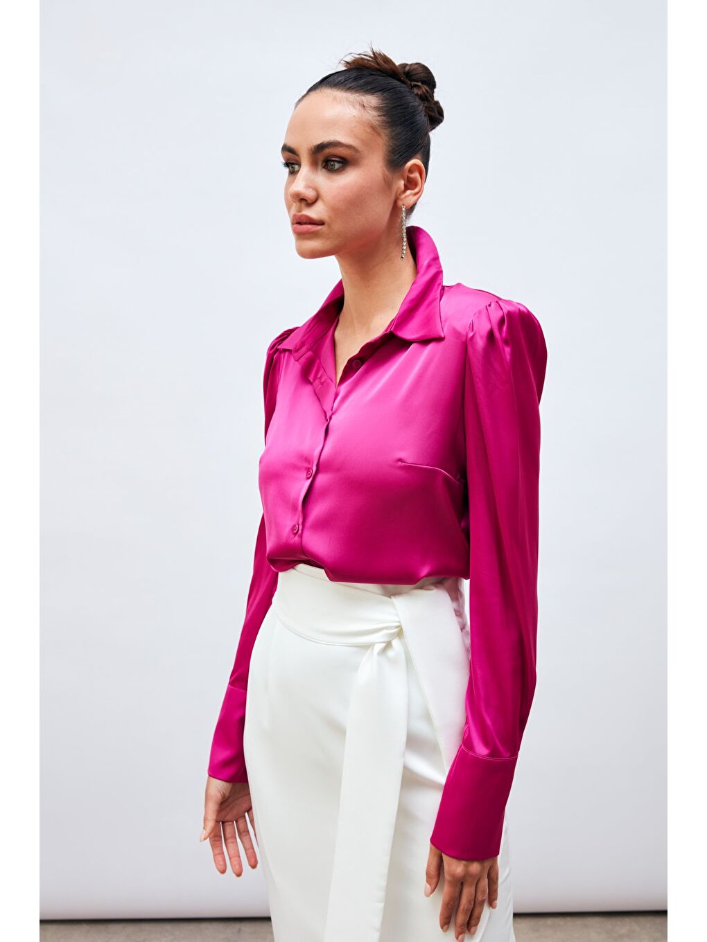 Vatkalı Saten Gömlek - Fuşya-3
