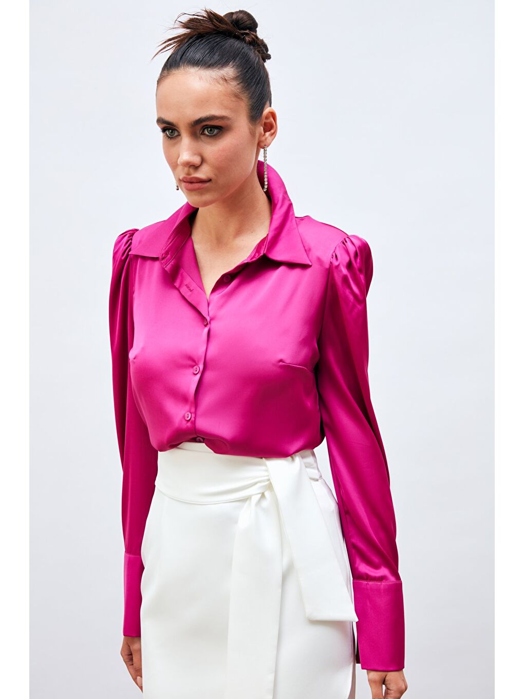 Vatkalı Saten Gömlek - Fuşya-4