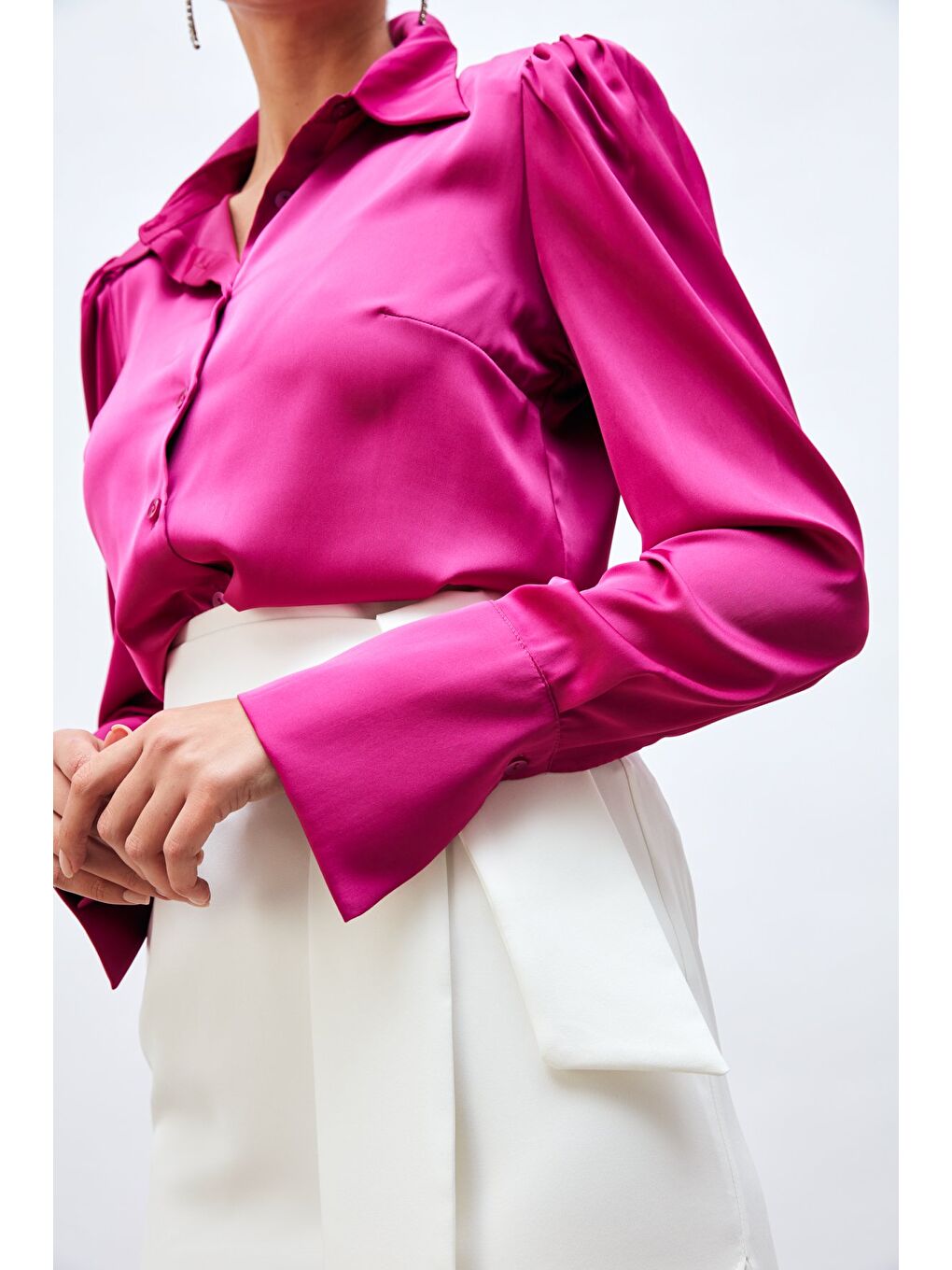 Vatkalı Saten Gömlek - Fuşya-5