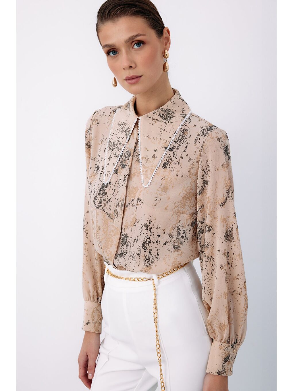 Geniş İnci Yakalı Gömlek - Bej-Gold