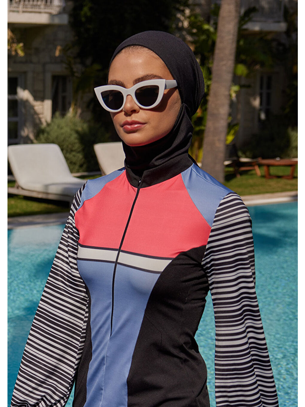 Karışık Çizgili Spor Tasarım Tesettür Mayo - Mavi