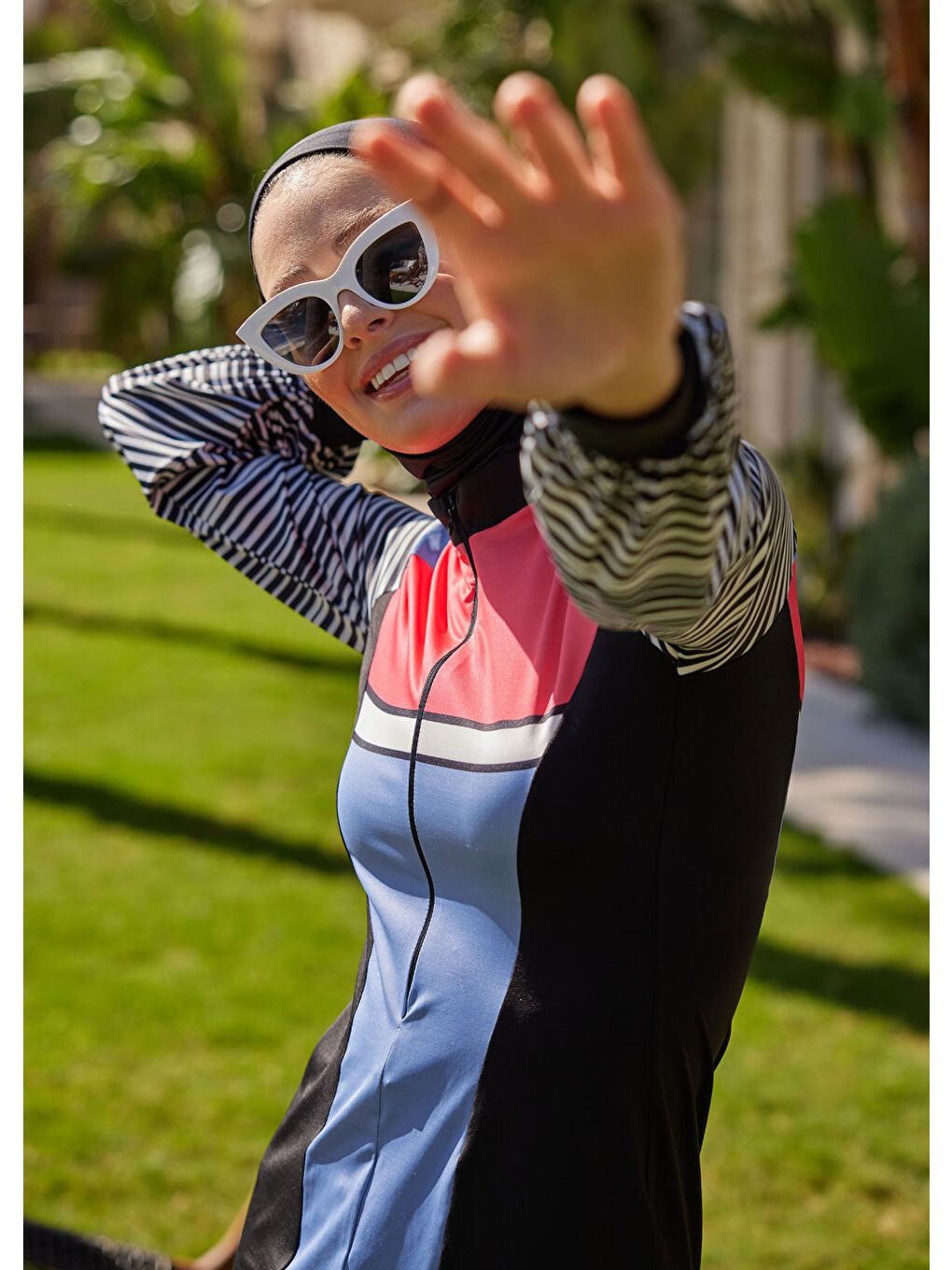 Karışık Çizgili Spor Tasarım Tesettür Mayo - Mavi-1