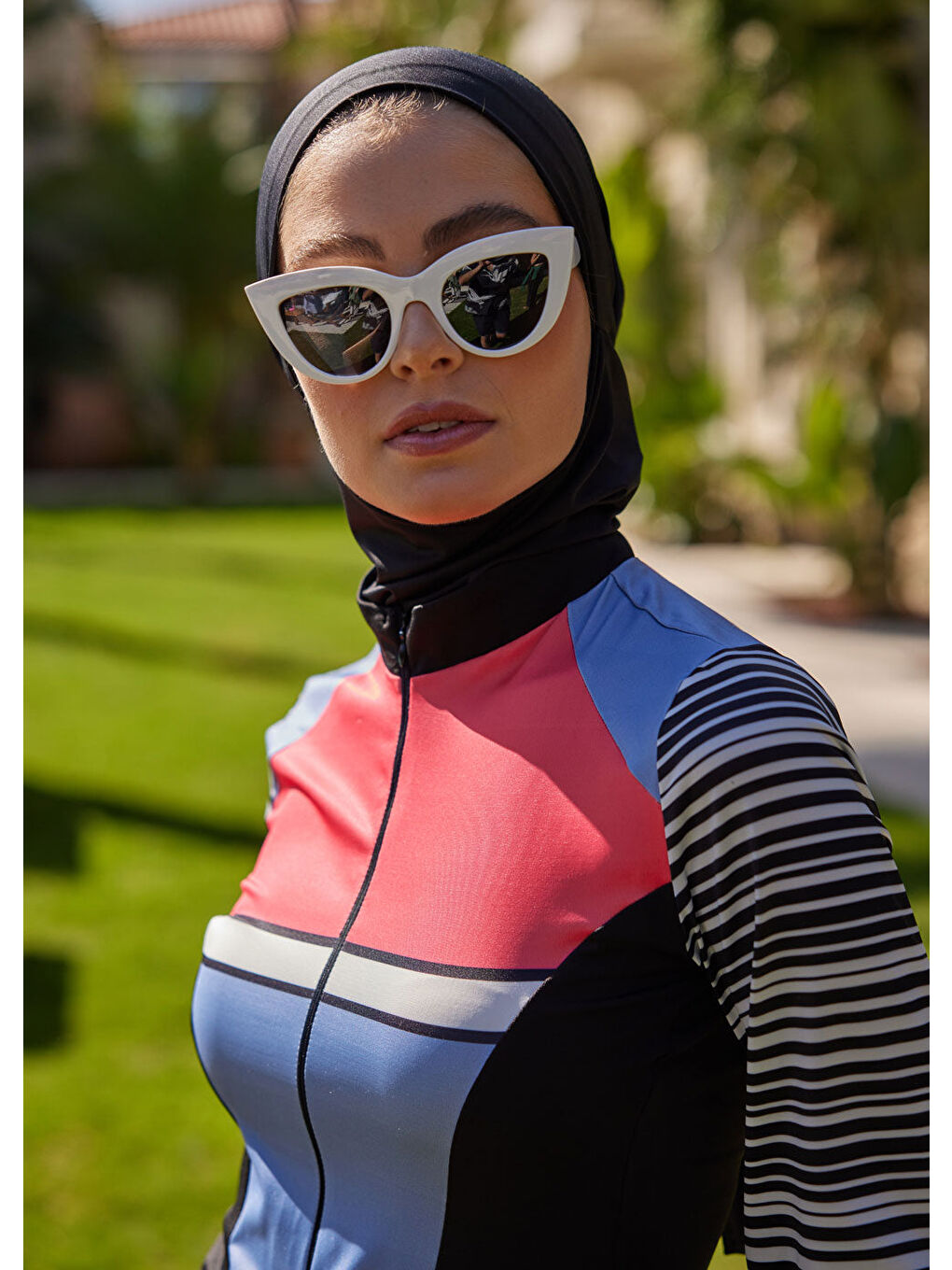 Karışık Çizgili Spor Tasarım Tesettür Mayo - Mavi-2