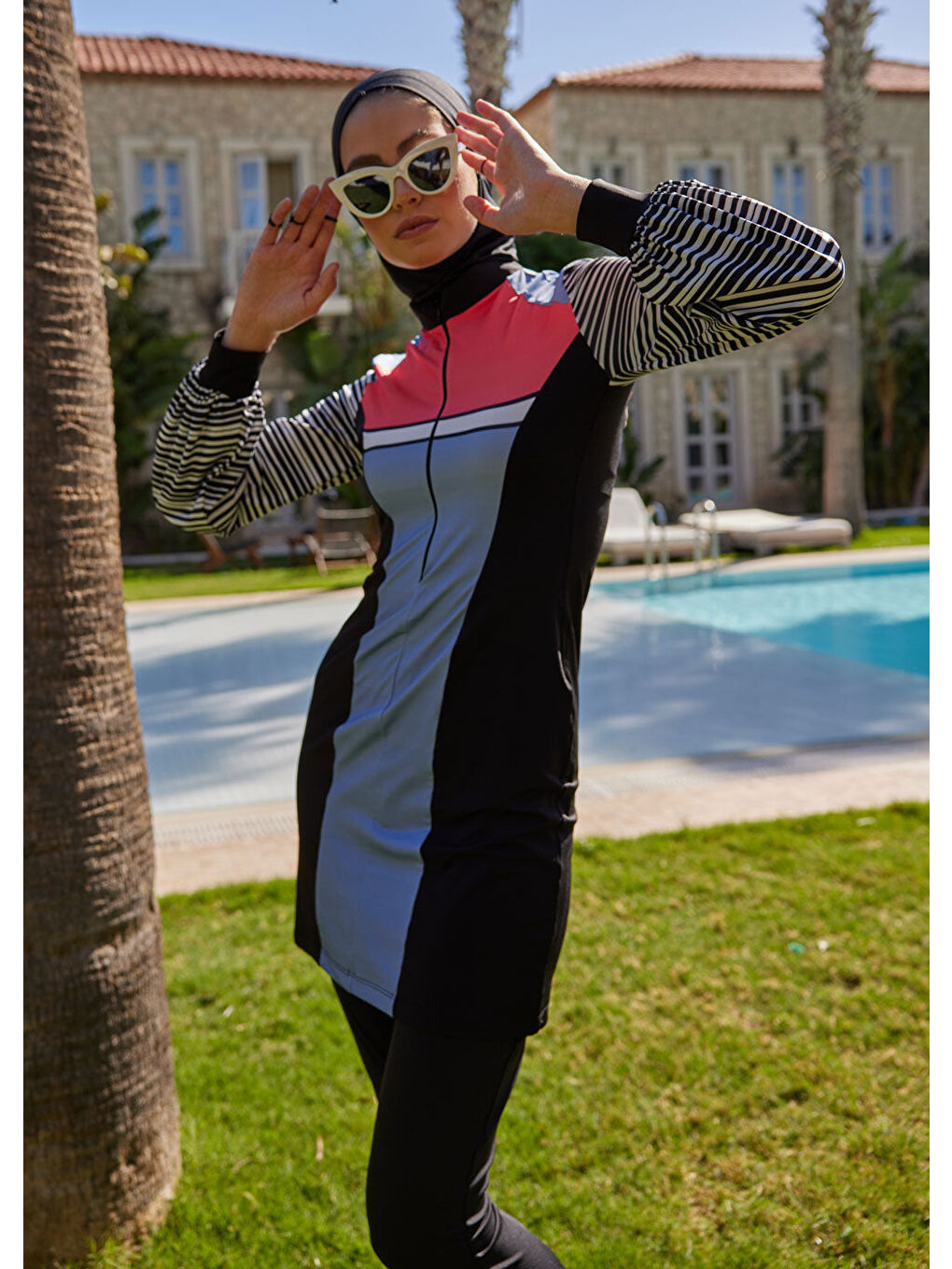 Karışık Çizgili Spor Tasarım Tesettür Mayo - Mavi-3