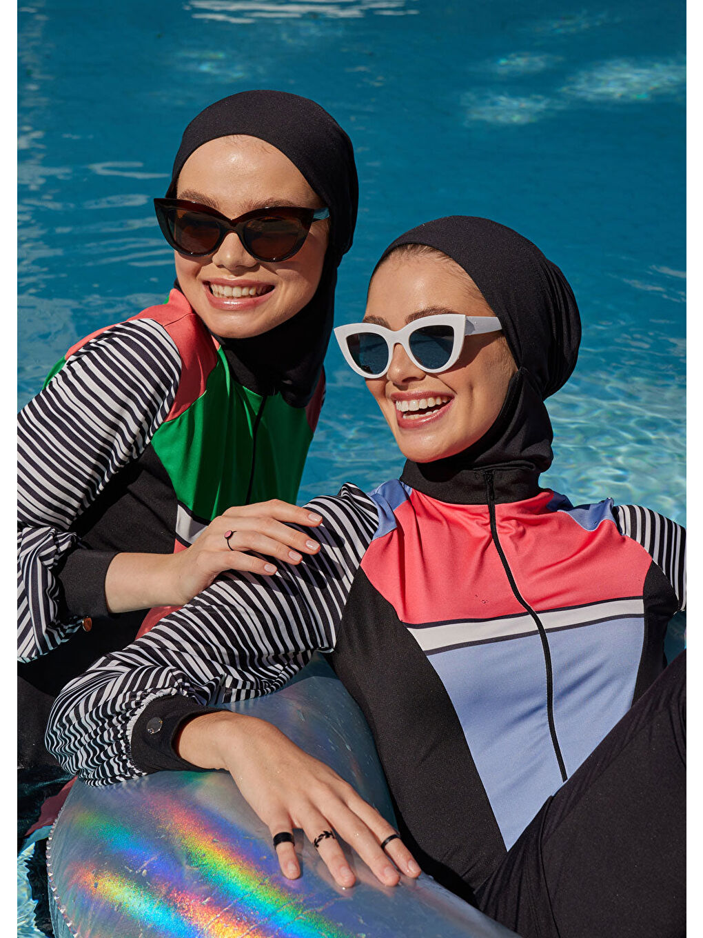 Karışık Çizgili Spor Tasarım Tesettür Mayo - Mavi-4