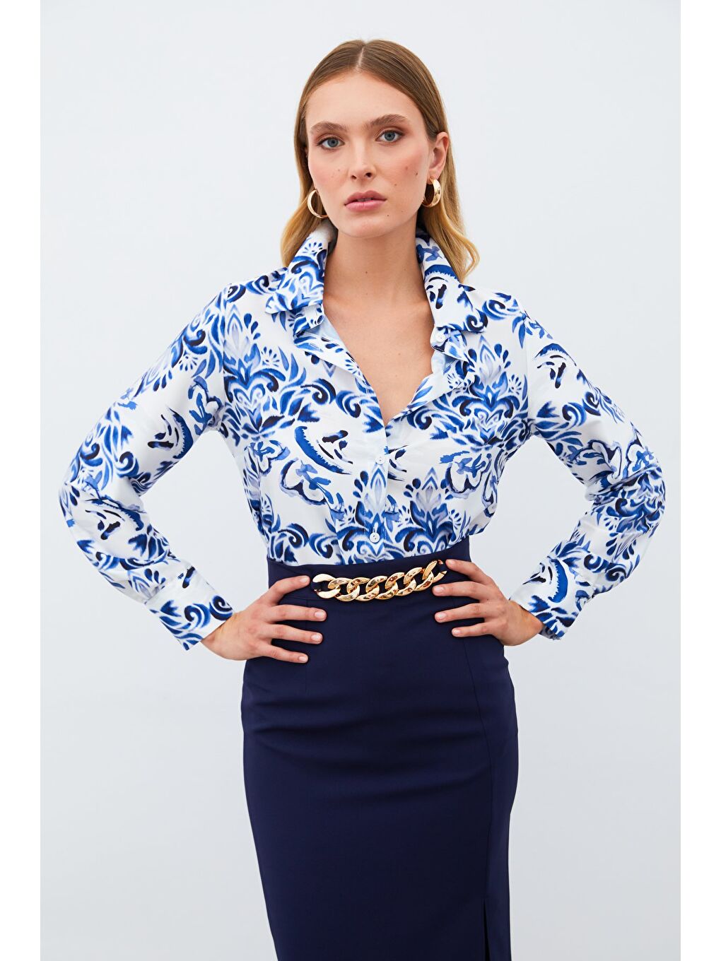 Çiçek Desenli Gömlek - Sax Mavi