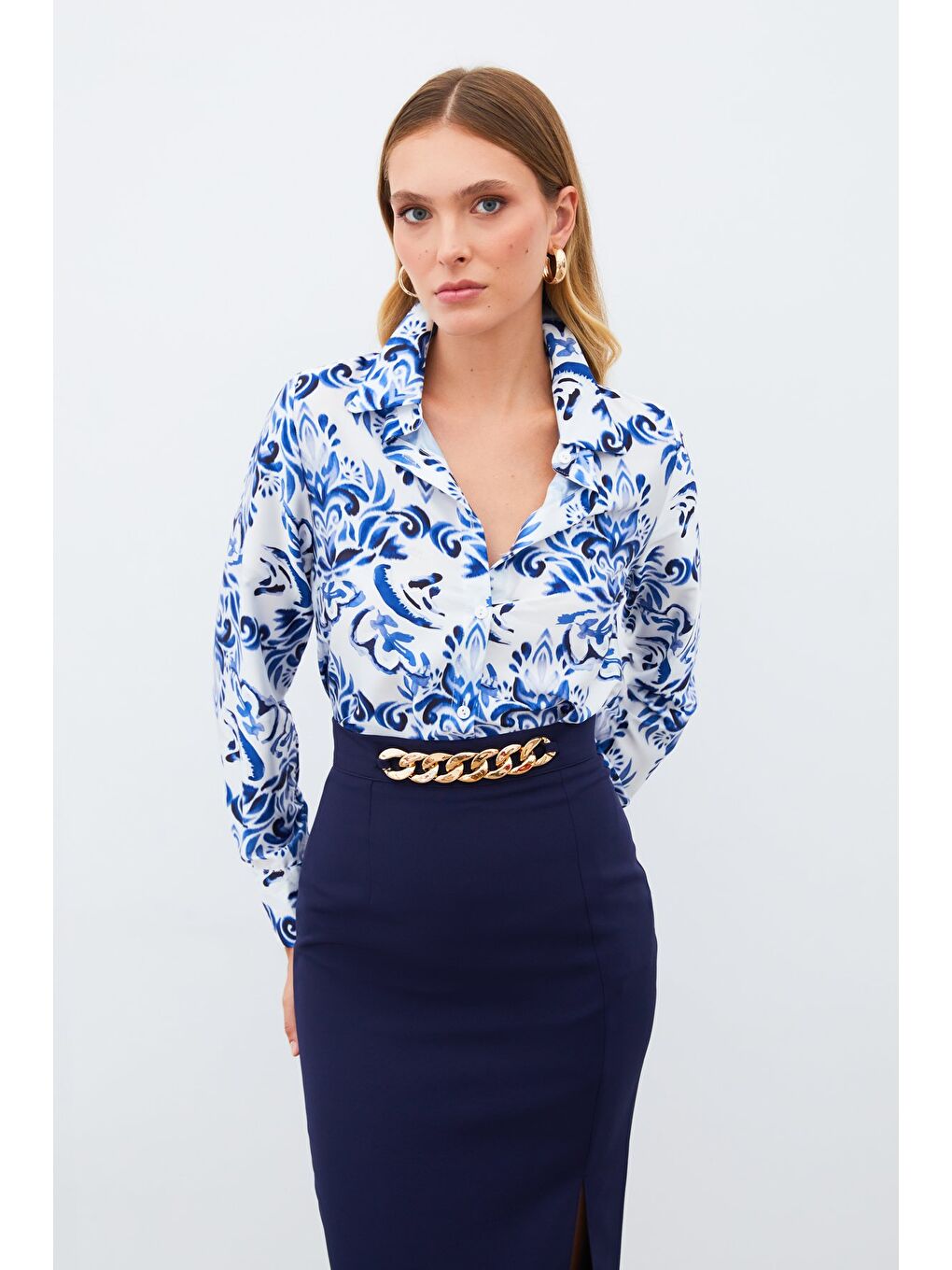 Çiçek Desenli Gömlek - Sax Mavi-1