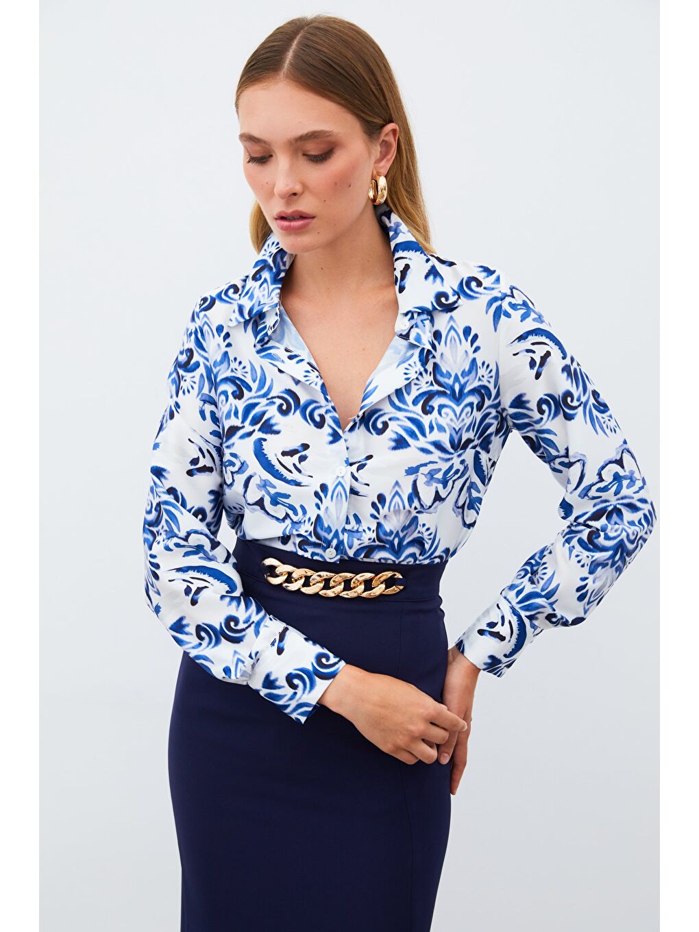 Çiçek Desenli Gömlek - Sax Mavi-2