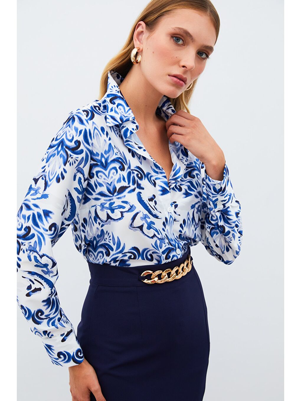 Çiçek Desenli Gömlek - Sax Mavi-3