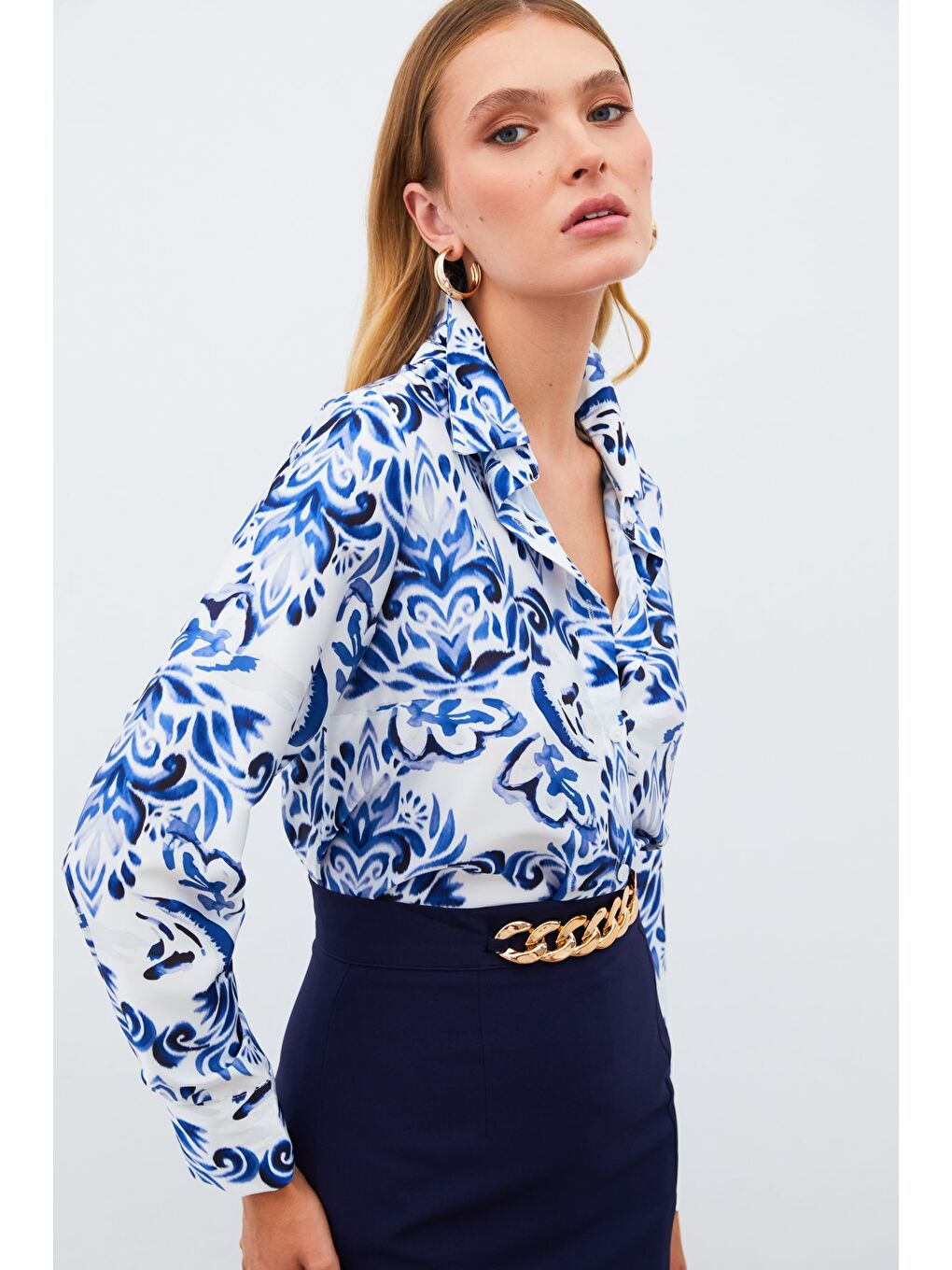 Çiçek Desenli Gömlek - Sax Mavi-4