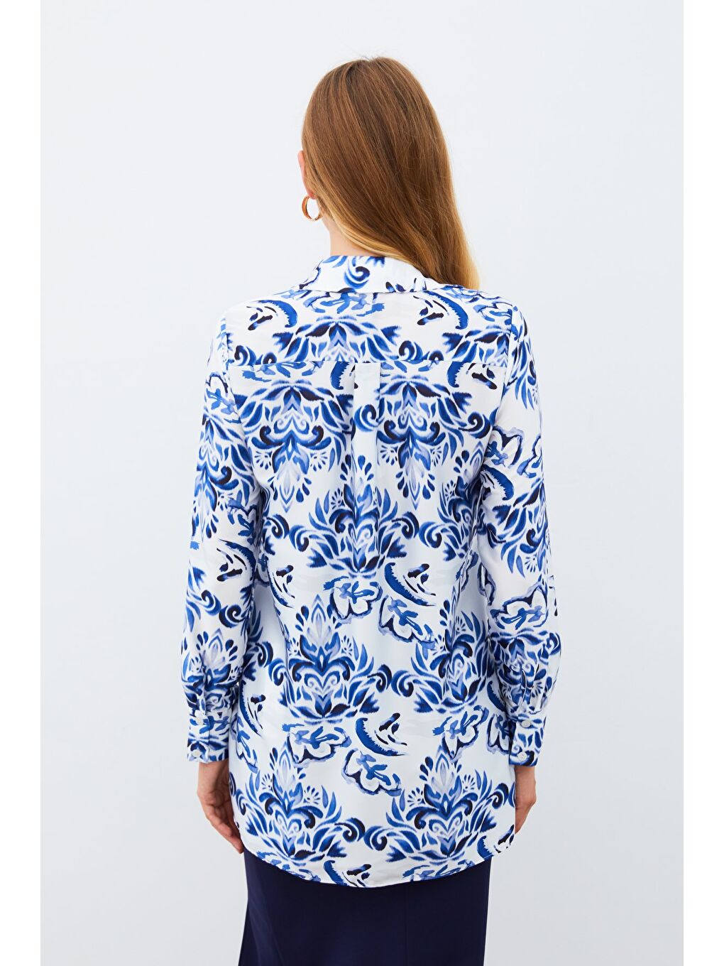 Çiçek Desenli Gömlek - Sax Mavi-5