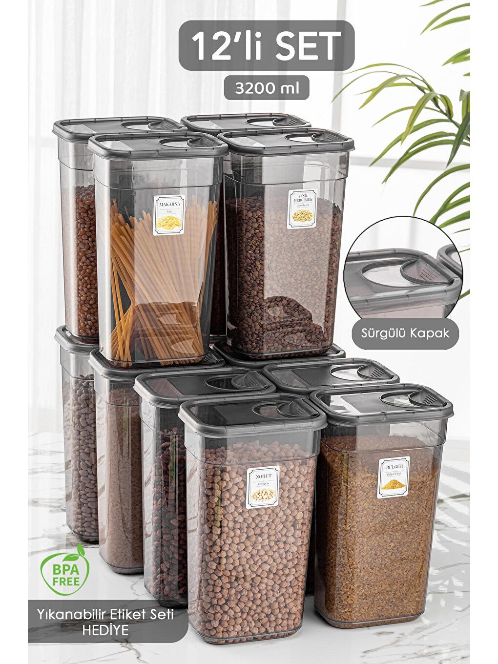 Antrasit 12 Adet Etiketli Sürgülü Kapaklı Saklama Kabı - Jumbo Dikdörtgen Erzak Kabı Kavanoz 12x3,2 lt