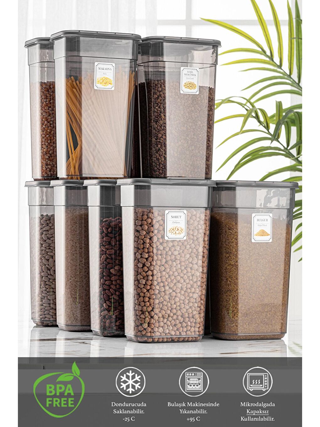 Antrasit 12 Adet Etiketli Sürgülü Kapaklı Saklama Kabı - Jumbo Dikdörtgen Erzak Kabı Kavanoz 12x3,2 lt-1