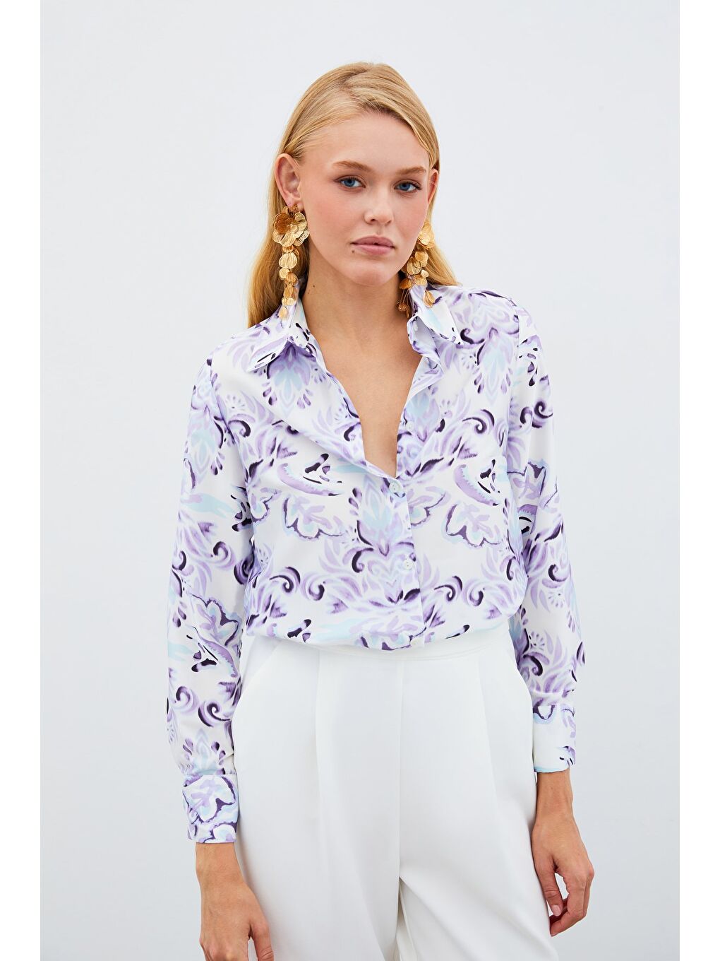Çiçek Desenli Gömlek - Lila-1