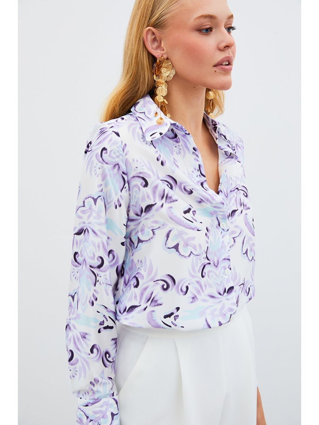 Çiçek Desenli Gömlek - Lila-2