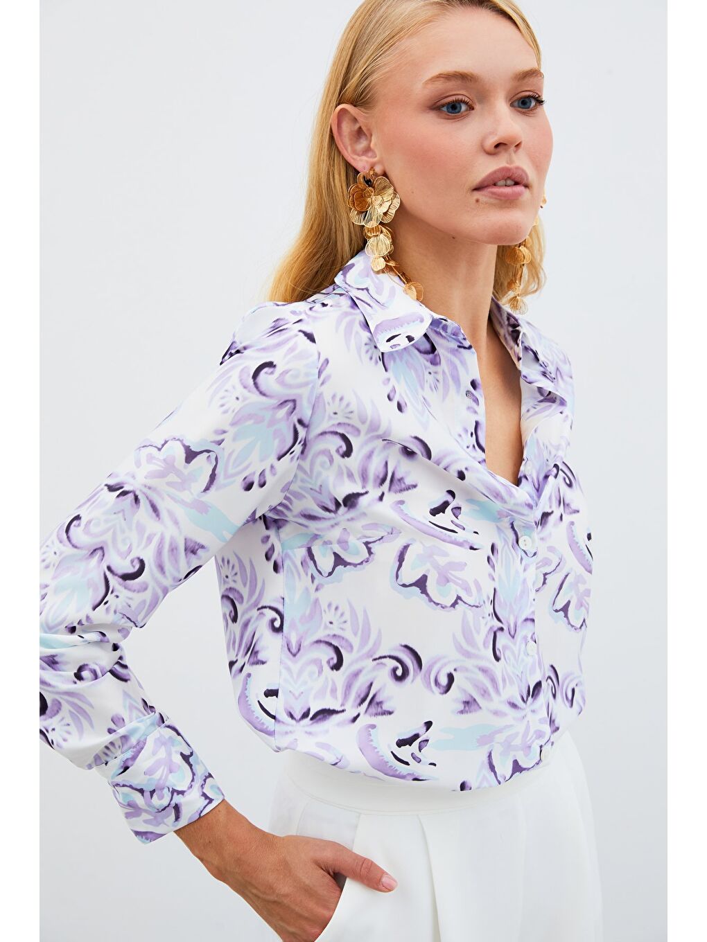 Çiçek Desenli Gömlek - Lila-3