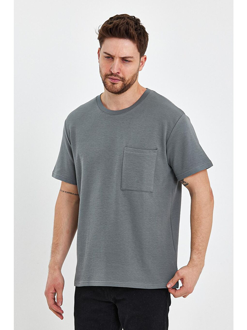 Haki Bisiklet Yaka Cepli Ottoman Relax Fit Tişört
