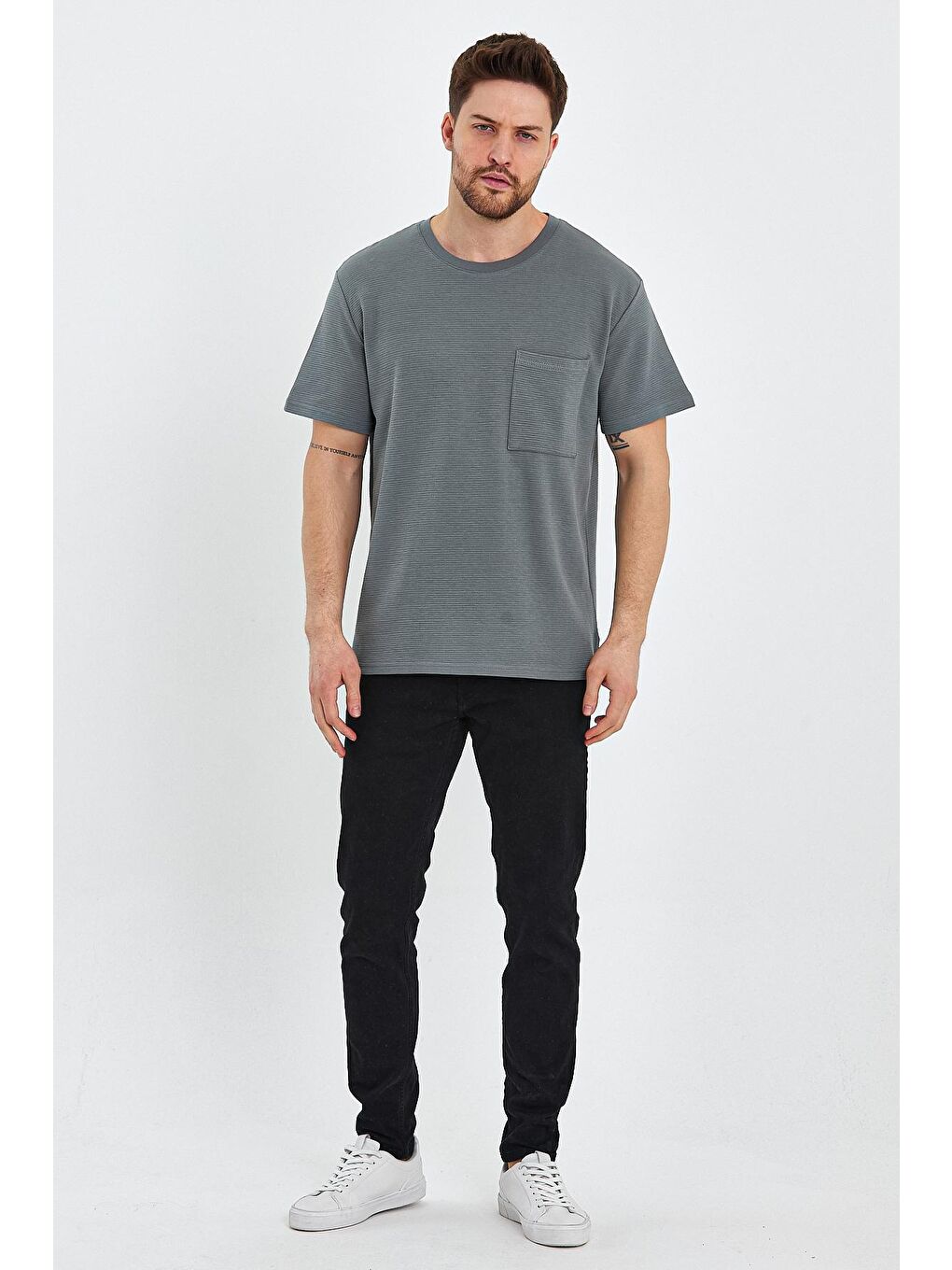 Haki Bisiklet Yaka Cepli Ottoman Relax Fit Tişört-1