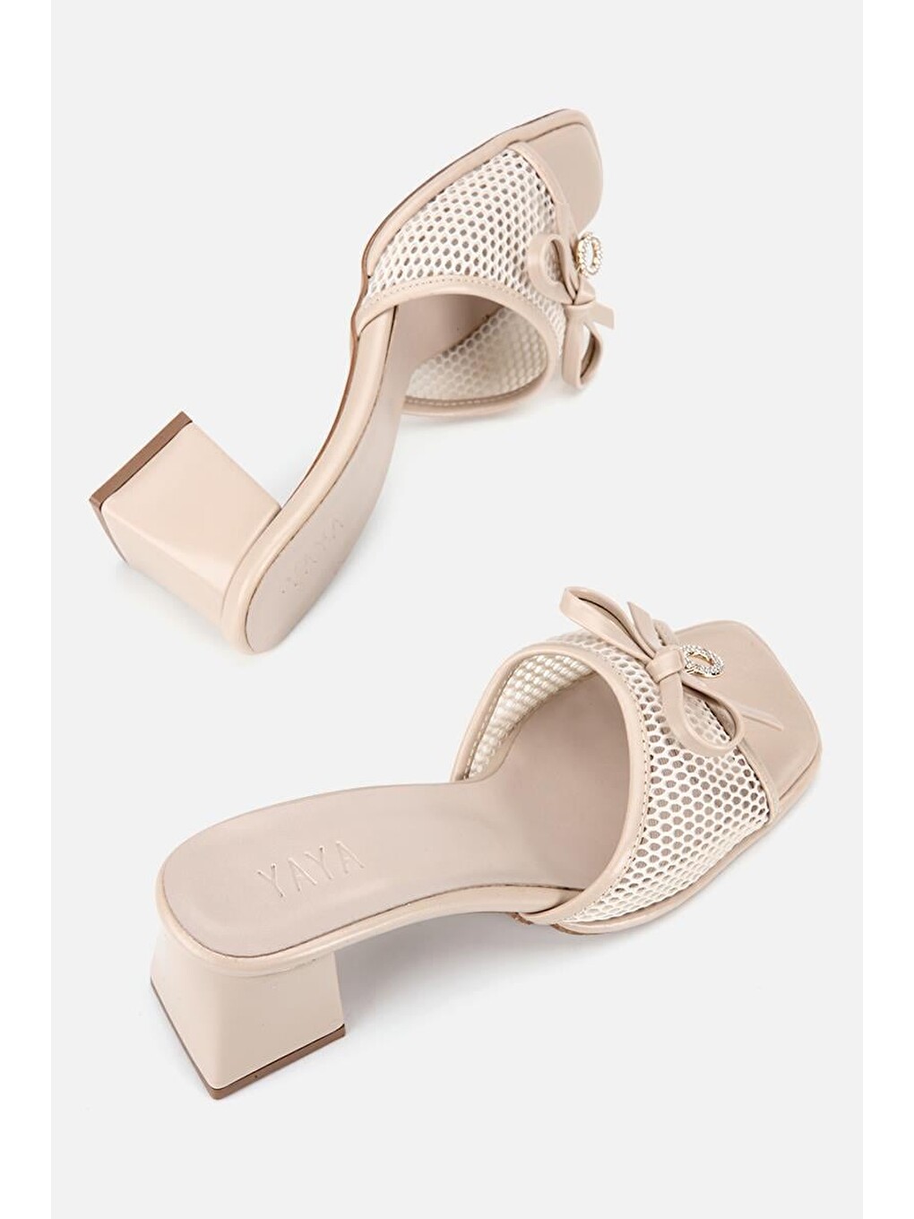 Kadın Bej File Bantlı Fiyonklu Kalın Topuklu Terlik-5