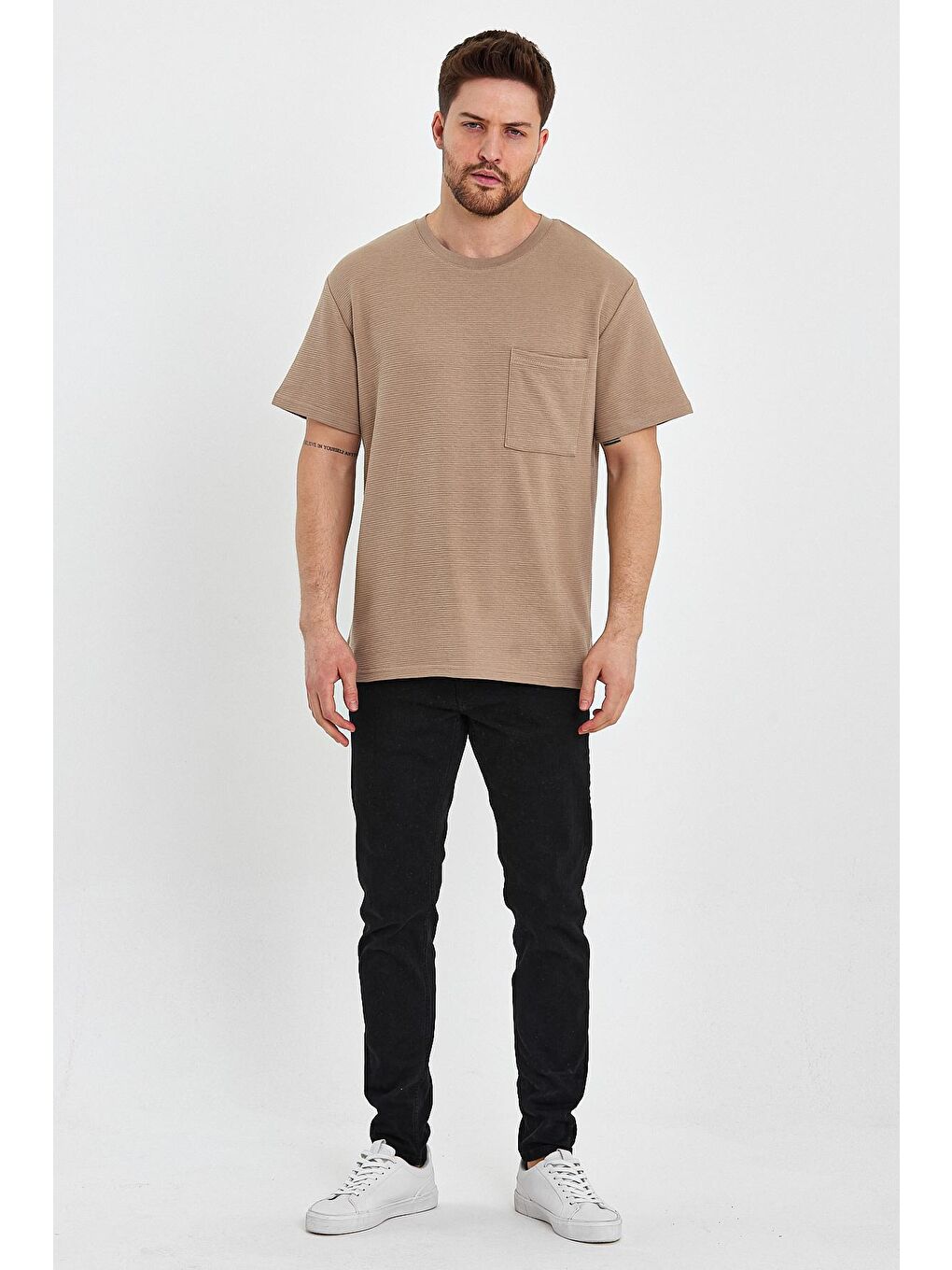 Bej Bisiklet Yaka Cepli Ottoman Relax Fit Erkek Tişört-1