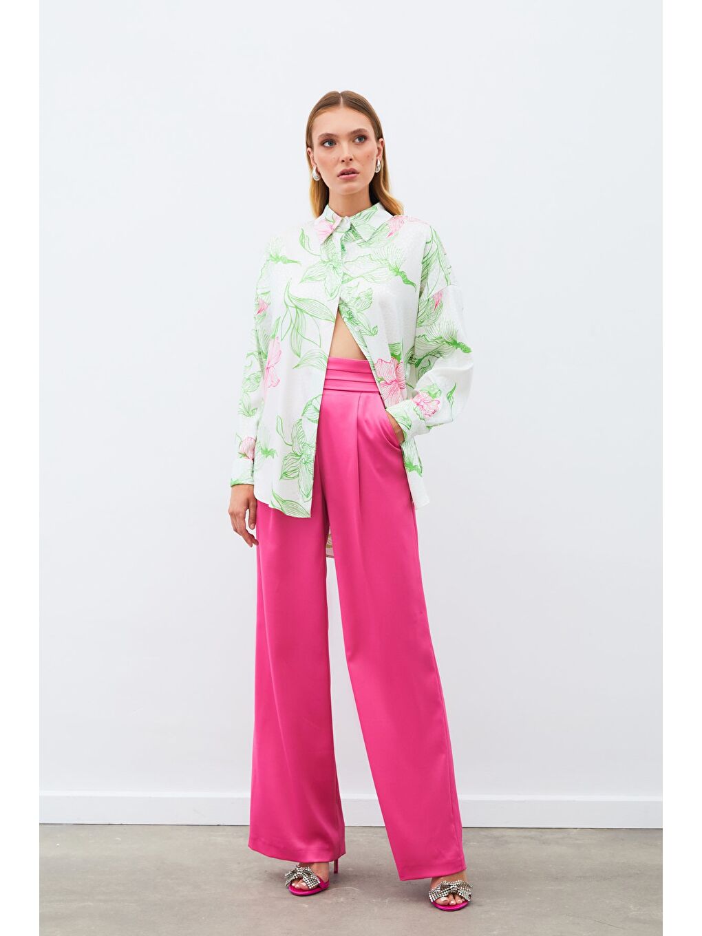 Renkli Desenli Salaş Gömlek - Yeşil-1