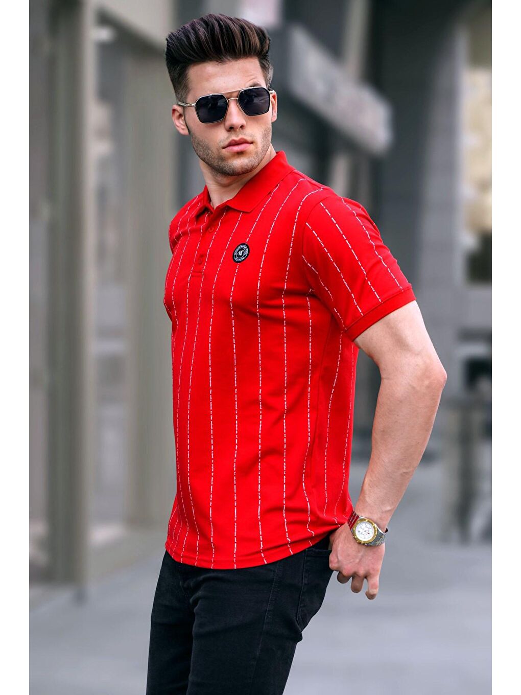 Kırmızı Düğmeli Çizgili Polo Yaka Tişört 5879