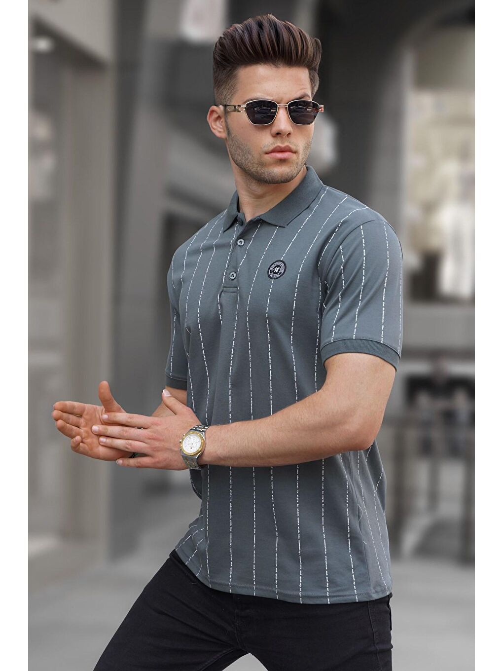 Gri Füme Düğmeli Çizgili Polo Yaka Tişört 5879