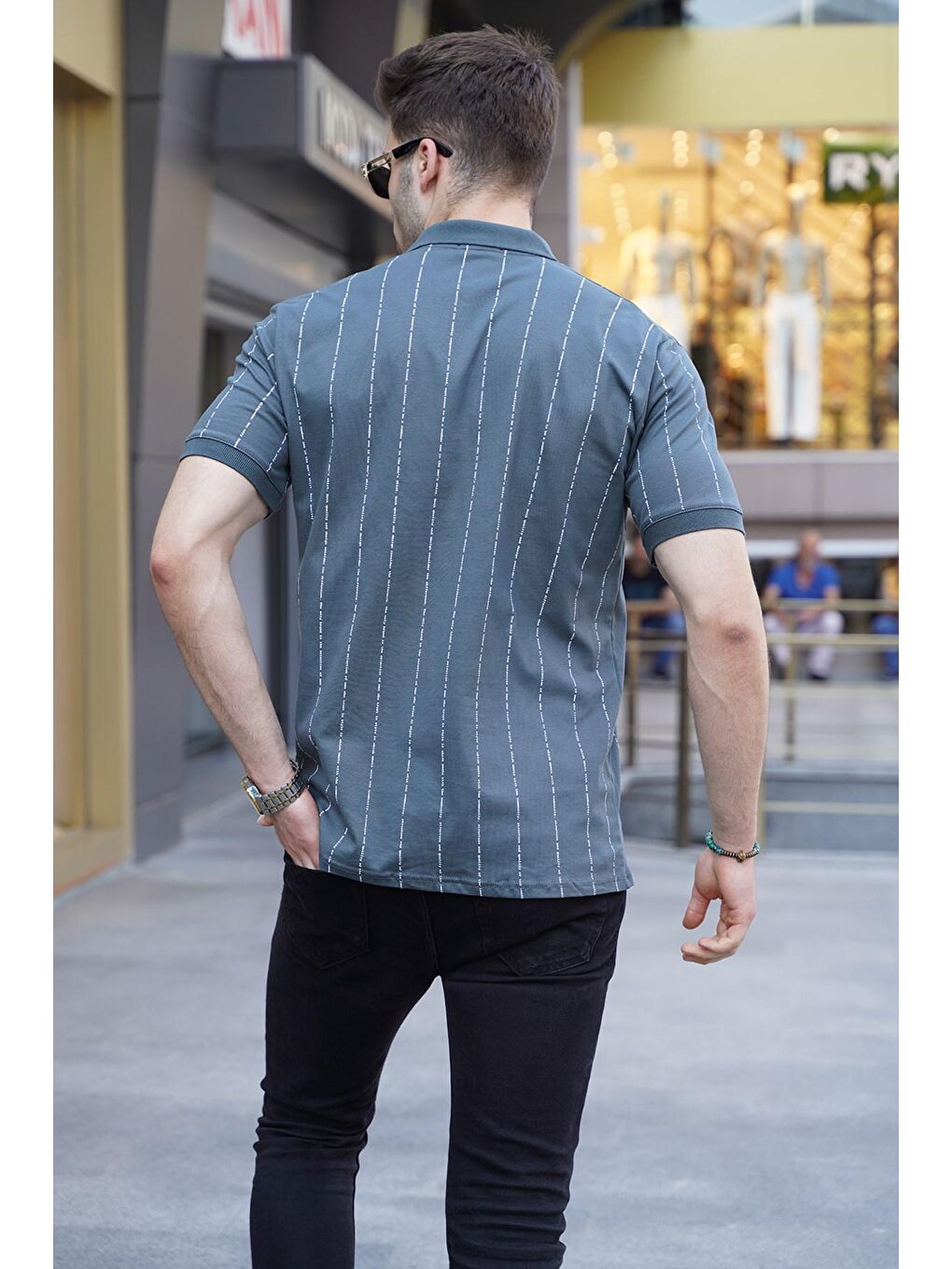 Gri Füme Düğmeli Çizgili Polo Yaka Tişört 5879-1