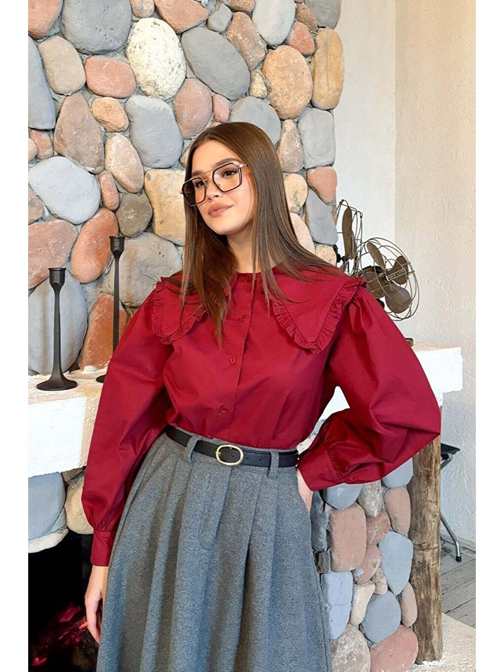 Bordo Yakası Fırfırlı Crop Gömlek Antrasit Kaşe Tek Düğmeli Etek Takım-1