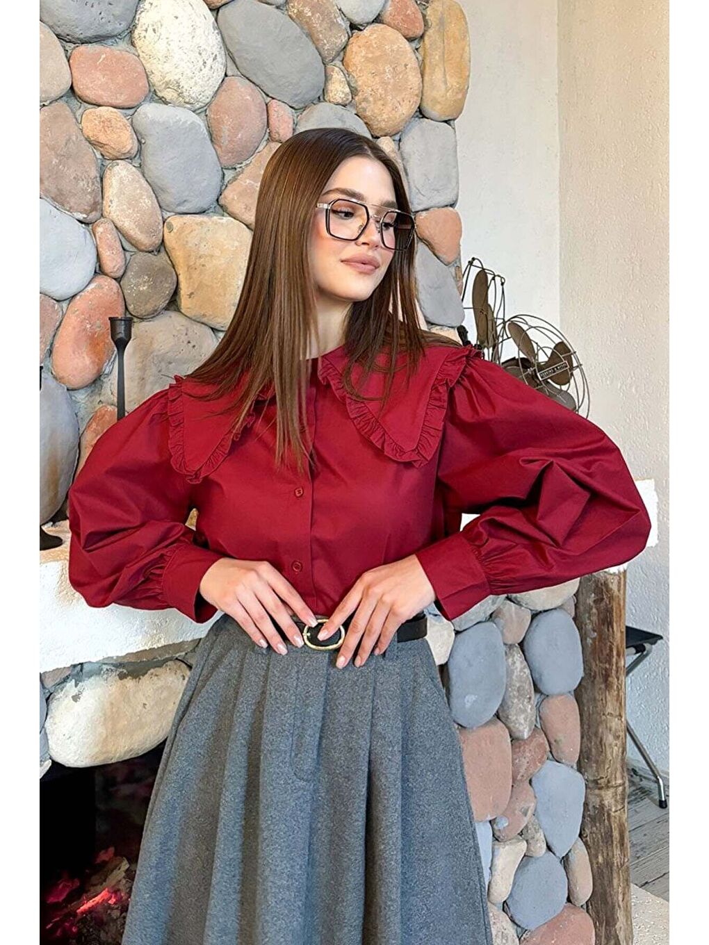 Bordo Yakası Fırfırlı Crop Gömlek Antrasit Kaşe Tek Düğmeli Etek Takım-2