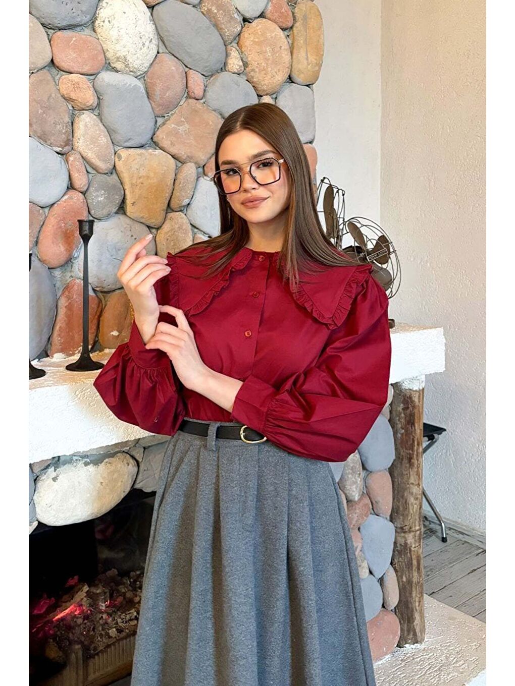 Bordo Yakası Fırfırlı Crop Gömlek Antrasit Kaşe Tek Düğmeli Etek Takım-5