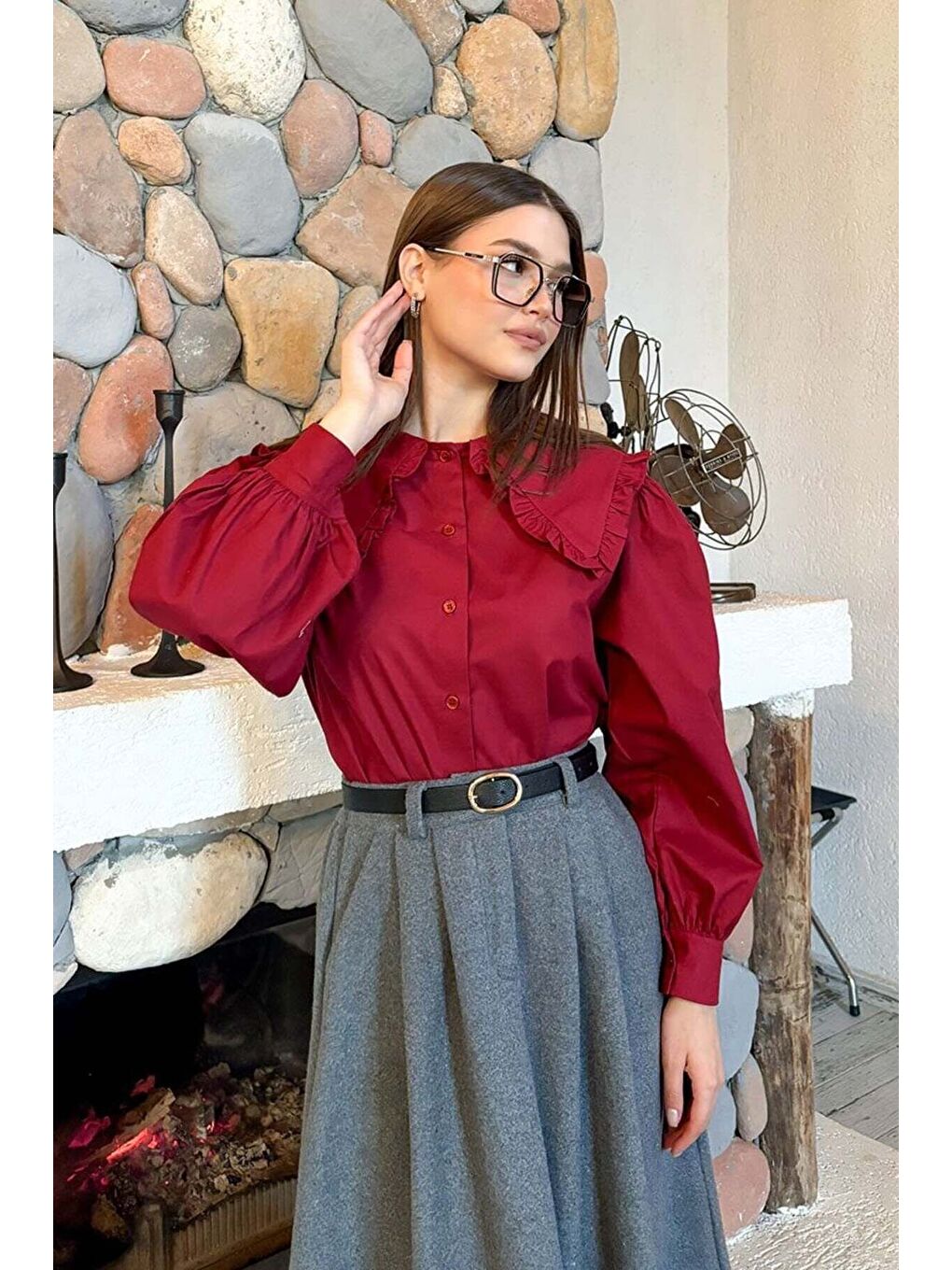 Bordo Yakası Fırfırlı Crop Gömlek Antrasit Kaşe Tek Düğmeli Etek Takım-6