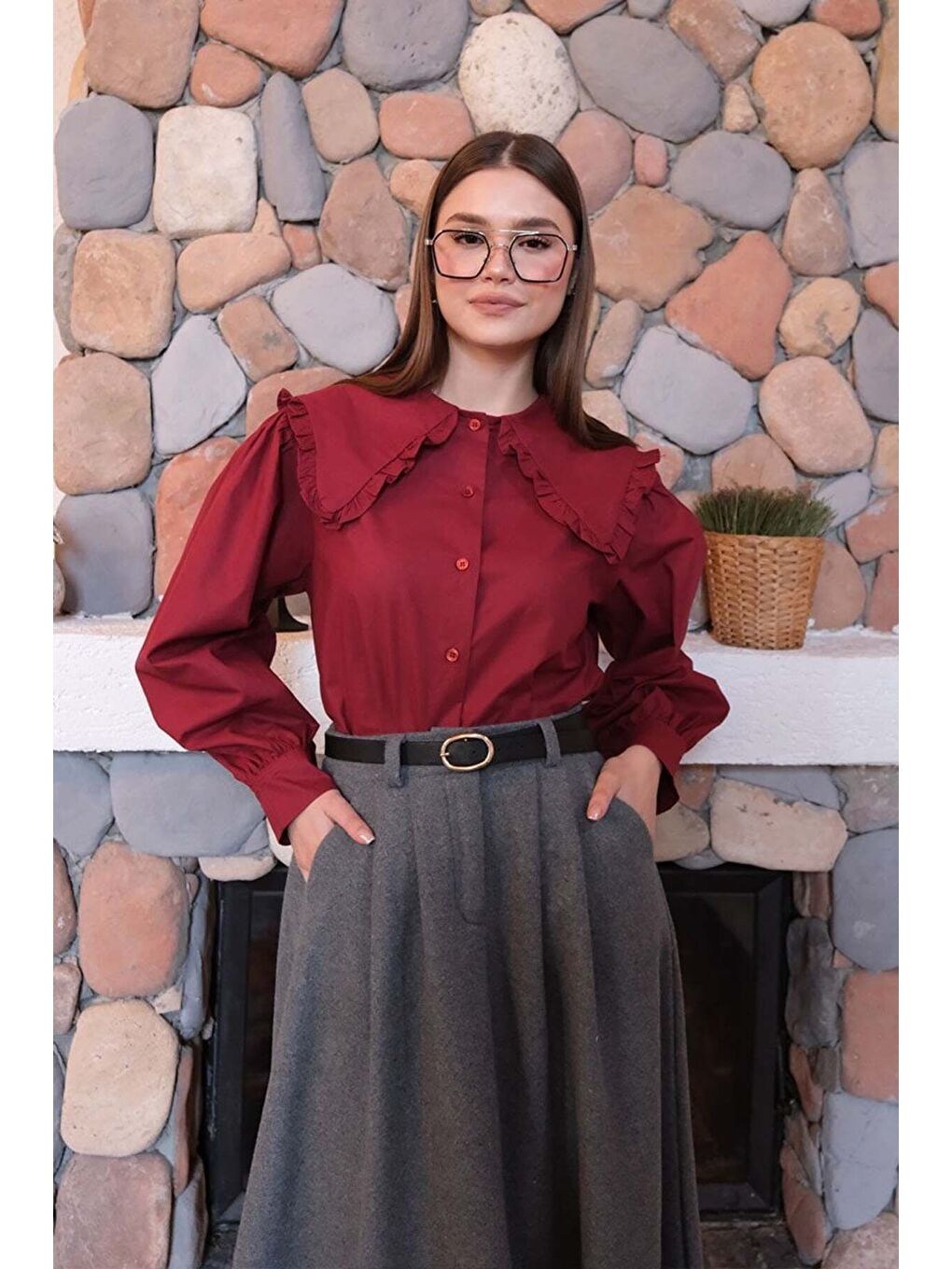 Bordo Yakası Fırfırlı Crop Gömlek Antrasit Kaşe Tek Düğmeli Etek Takım-7