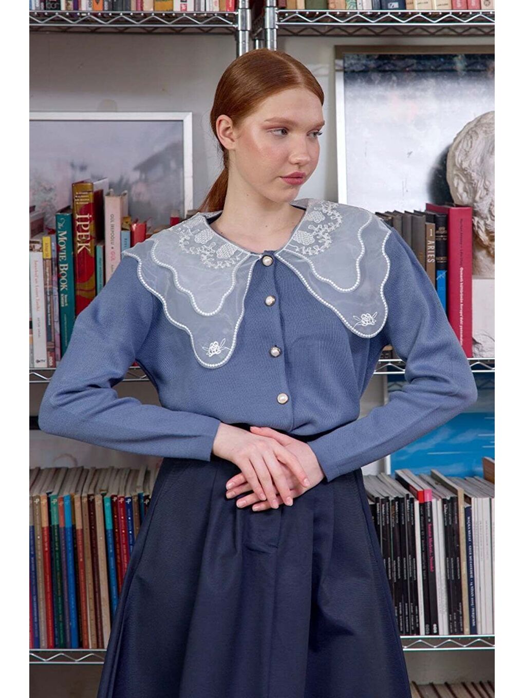 Dantel Yakalı İndigo Triko Hırka-1