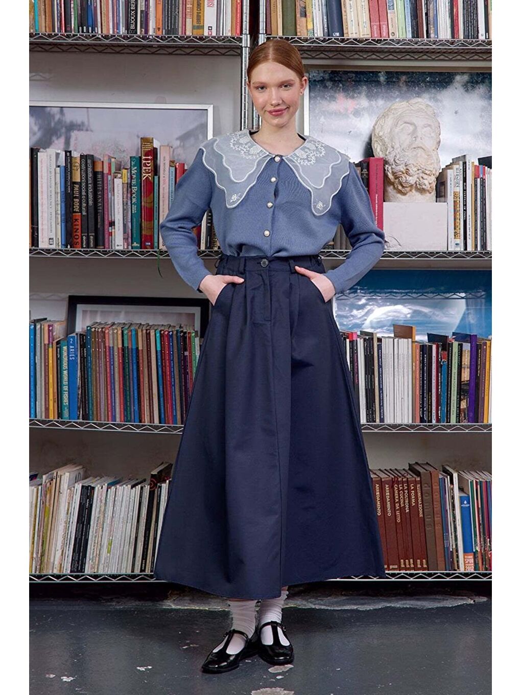 Dantel Yakalı İndigo Triko Hırka-2