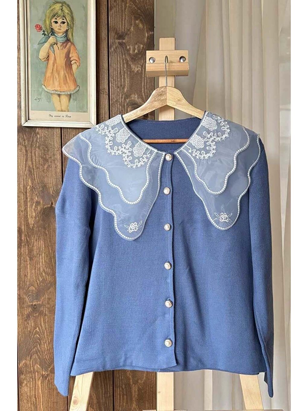 Dantel Yakalı İndigo Triko Hırka-3