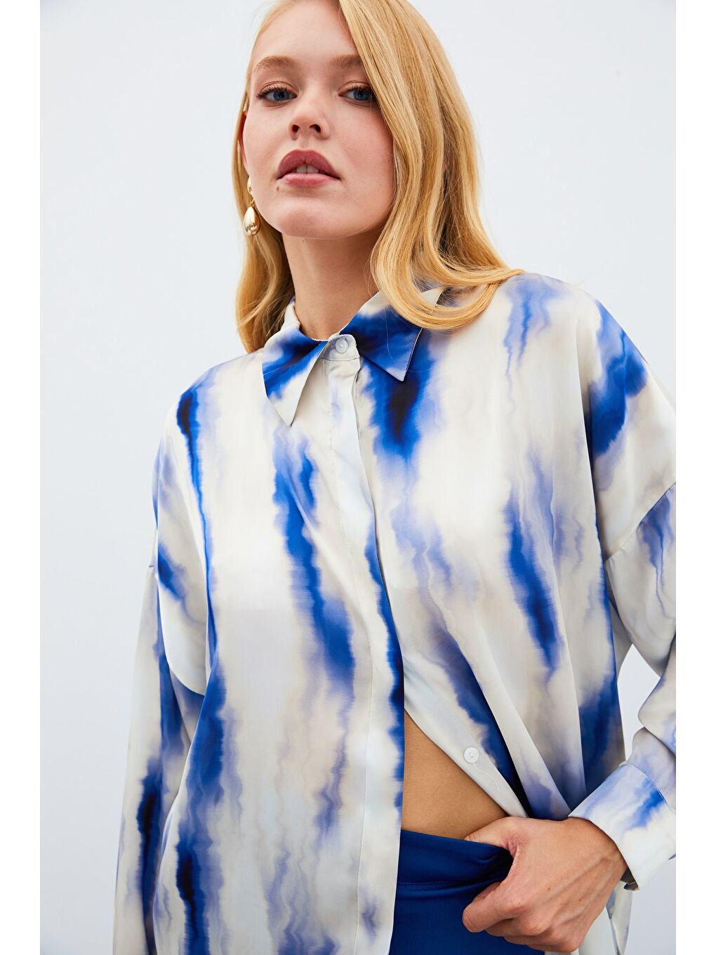 Geniş Desenli Gömlek - Sax Mavi-2