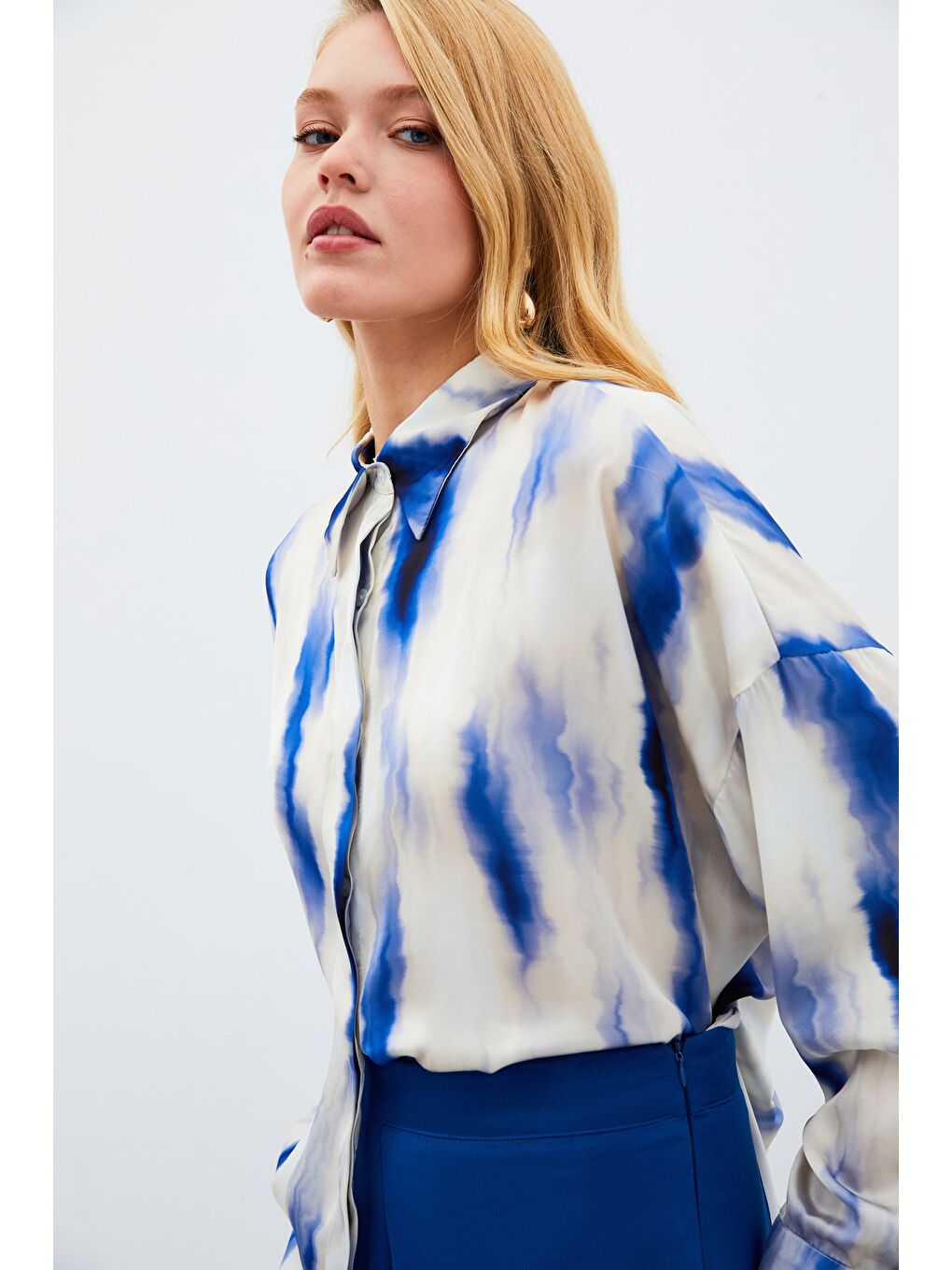 Geniş Desenli Gömlek - Sax Mavi-4