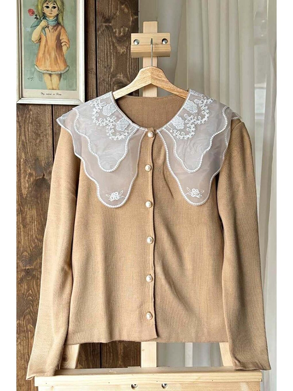 Bej Dantel Yakalı Karamel Triko Hırka-3